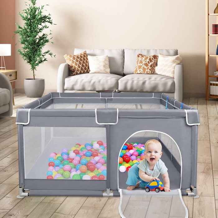 YUENFONG Playpen, Baby Gate, Child Safety Enclosure, XXL Child Safety Play Area, Protective Fence, Crawling Fence for Children, with Non-Slip Base and Breathable Mesh, Dark Grey, 180x200x68cm