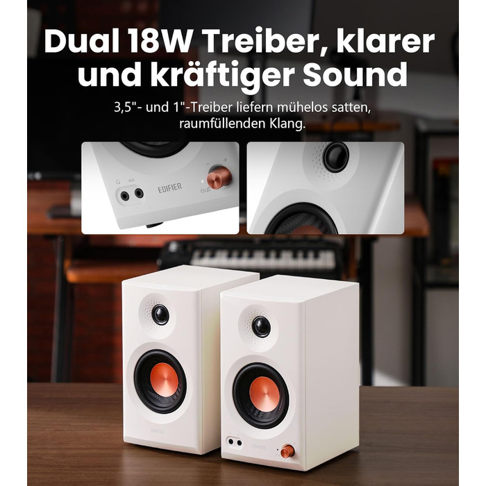Edifier MR3 - Компактні Студійні Акустичні Системи 2.0, Hi-Res Audio, Bluetooth V5.4, RCA, AUX, Мобільний Додаток, 2 x 18 W, Білий
