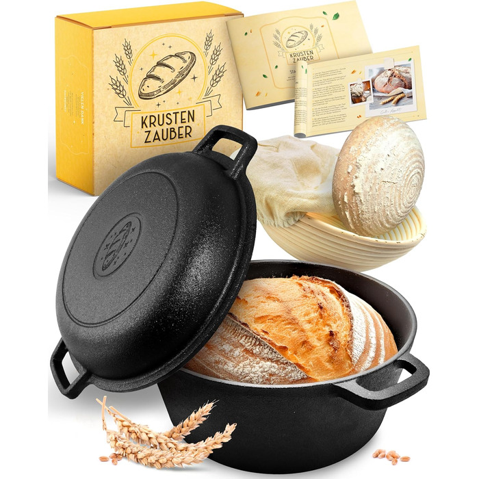 KRUSTENZAUBER 26cm Cast Iron Pot for Bread Baking incl. Proofing Basket - Robust Bread Baking Mold with Lid - Ideal Bread Pot, Bread Baking Pot, Bread Baking Set Cast Iron Pot for Baking Bread, Bread Baking Accessories, Bread Form 4.7l