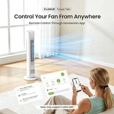 Вентилятор вежовий FLANUR WiFi Alexa, 108 см, 90° осциляція, 4 режими, таймер 12 год, білий