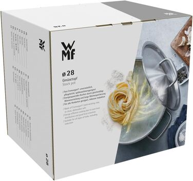 Велика каструля для овочів та супу WMF 14 л, індукційна, з металевою кришкою з паровідводом, матова нержавіюча сталь Cromargan, без покриття, підходить для духовки