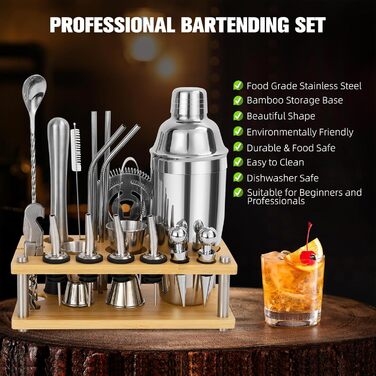 Набір шейкер для коктейлів зі стійкою, 750 мл, 20 предметів, нержавіюча сталь, професійний барменський набір, 4 силіконових підкладки, подарунок для чоловіків, жінок, друзів