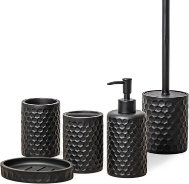 ZCCZ Bathroom Set – 5-Piece Organizer Set with Toilet Brush, Toothbrush Holder, Soap Dispenser, Soap Dish – Stylish Décor with Geometric Hexagon Pattern in Black for Modern Bathroom
