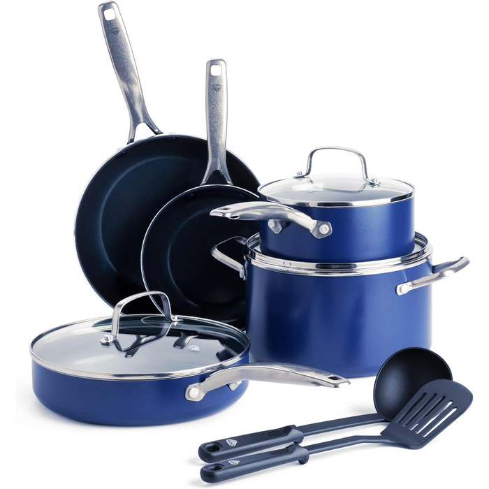 Набір посуду Blue Diamond Cookware Diamantstruktur Keramik Antihaft, 7-10 предметів: каструлі, сковорідки, молочник. Без PFAS, для всіх типів плит, включаючи індукцію. Можна мити в посудомийній машині, витримує температуру до 200°C.