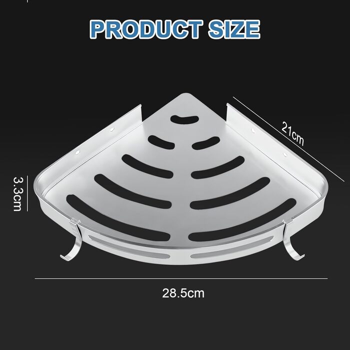 Поличка для душу без свердління, кутова, 2 шт., срібна, алюміній. Органайзер для ванної кімнати з 4 гачками. Підходить для ванної та кухні