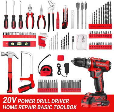 Набір інструментів DEKO 186 шт. з акумуляторною дрилі: набір інструментів 20V для дому та дрібного ремонту