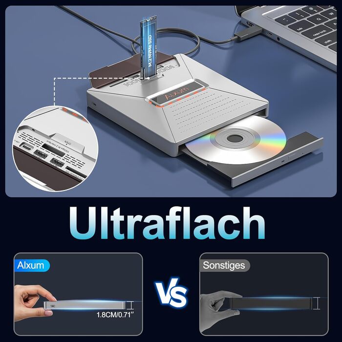 Зовнішній DVD-привід Alxum USB-C 3.0 з картридером SD/TF та додатковим USB-портом для ноутбука, DVD/CD запис та читання, Plug & Play, сірий