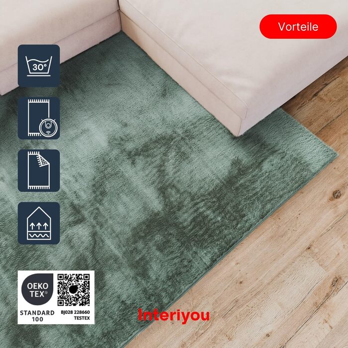Килим Interiyou Fargo для вітальні 80x150 см - короткий ворс, миється, не ковзає. М'який штучний килим з хутром, довгий ворс (140 x 200 см, прямокутний), зелений