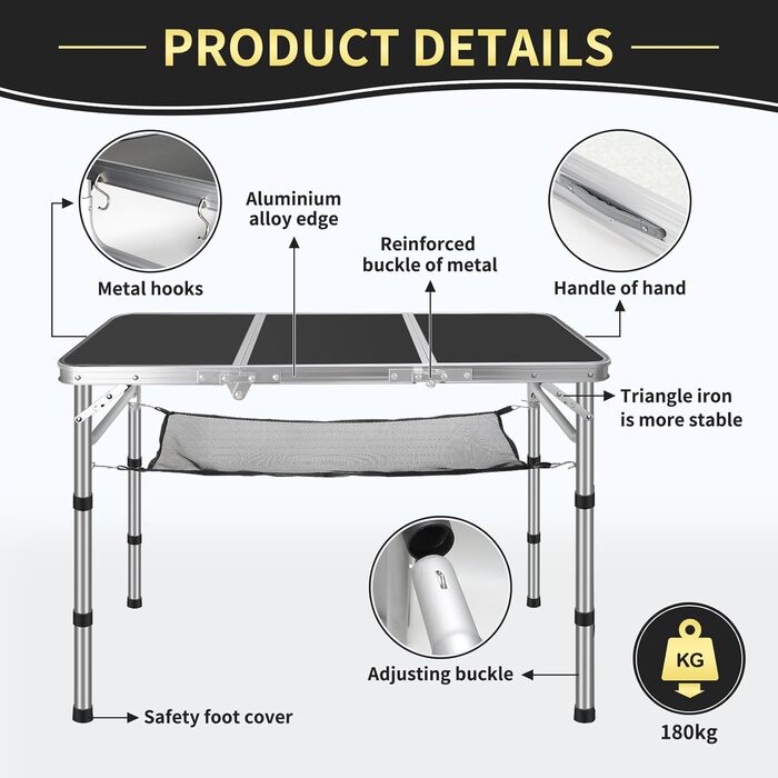 Складаний туристичний стіл CPROSP 90x40 см, чорний, регулювання висоти 26-70 см