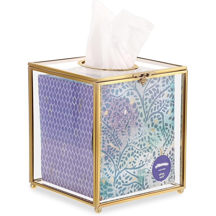 SUMNACON Glass Face Tissue Box Clear Gold Paper Box Holder, Square Napkin Box Storage Tissue Paper Box Organizer, Decorative Cube Tissue Box for Face Tissues, Napkin