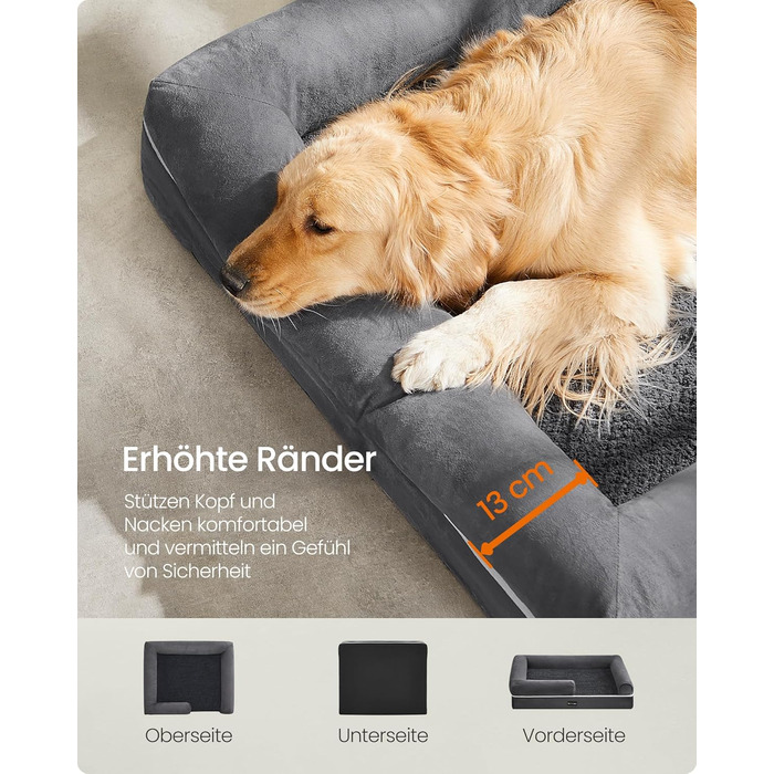 Ортопедичне ліжко для собак Feandrea, м'яке, з піднятими бортиками, знімний чохол, 106 x 76 x 18 см, сіре