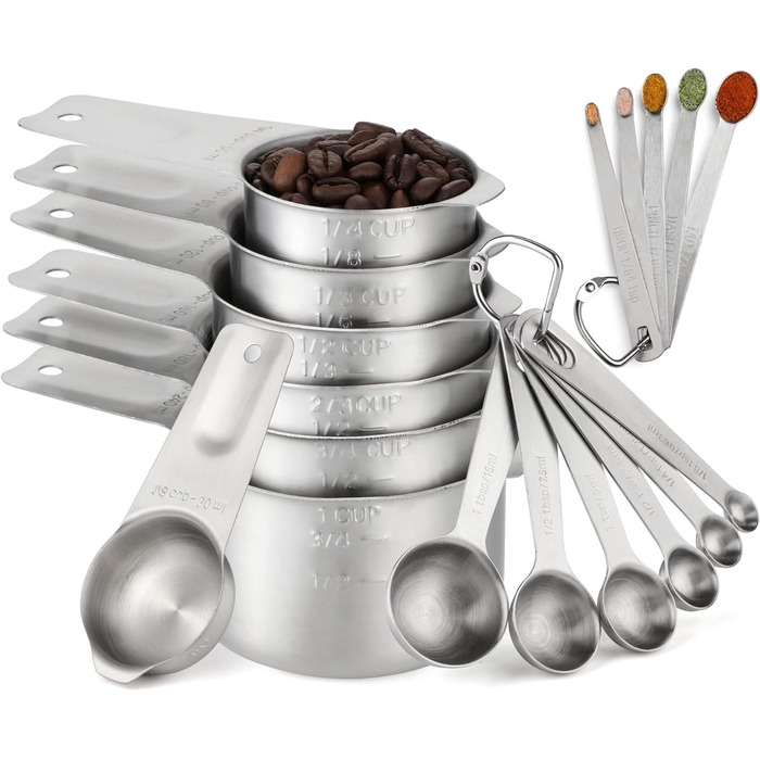 Measuring Cup and Spoon Set Stainless Steel Measuring Cup & Spoon Set includes 7 stainless steel metal measuring cups, 6 measuring spoons, and 5 mini measuring spoons for dry and liquid ingredients.