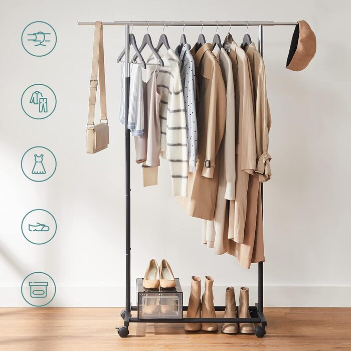 SONGMICS Clothes Rack, Clothes Rail, Coat Stand with Wheels, Load Capacity up to 25 kg, Adjustable, Silver-Black HSR101B01