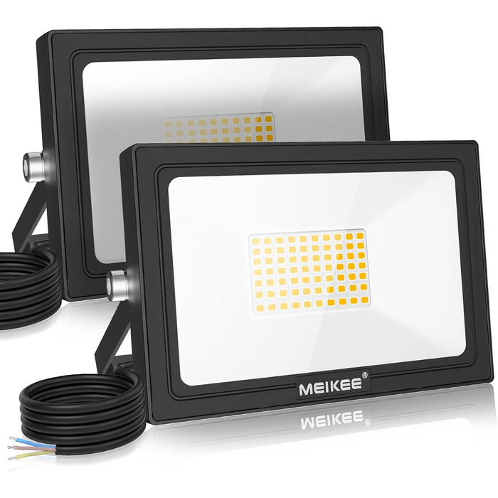 MEIKEE 60W LED Floodlights Outdoor Warm White 2700K 5200LM Super Bright 2 Pack Floodlights IP66 Waterproof Spotlights for Garden, Backyard, Driveway, Doors, Garage, Hallway