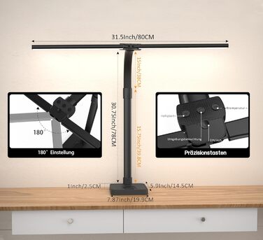 Світлодіодна лампа для столу Doppelkopf з регулюванням яскравості, 24W, 80см, для дому/офісу, денне світло, лампа для столу з шийкою-лебедем (чорна, з підставкою для телефону)