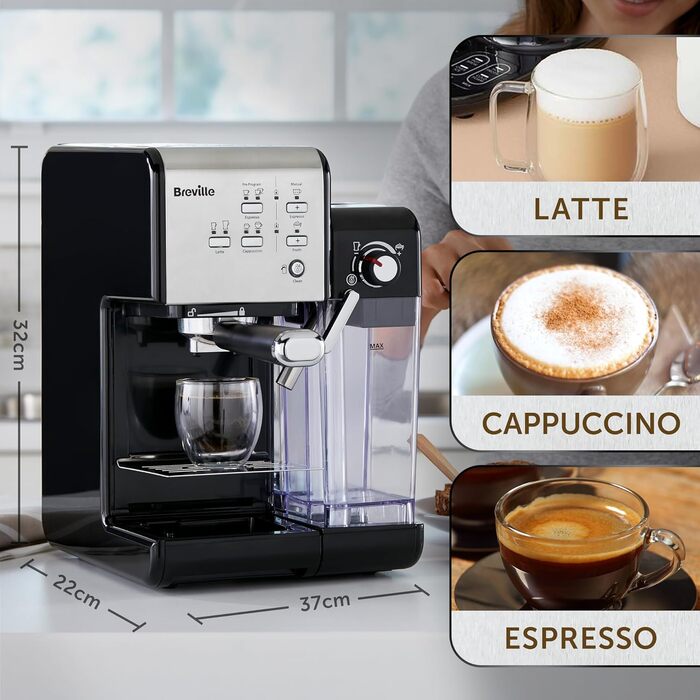 Breville Prima Latte II Espresso | Latte and Cappuccino Machine | 15-bar Professional Pump and Milk Frother | Silver [VCF108X], 19 Bar