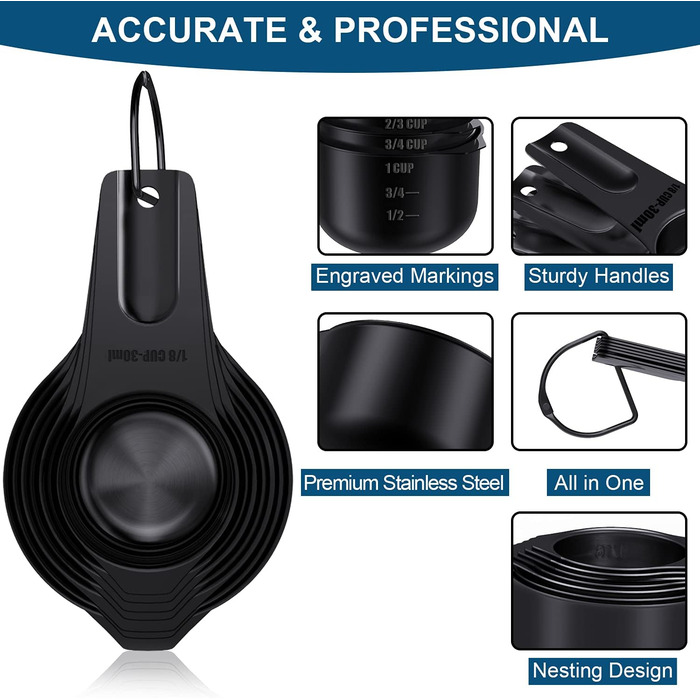 Wildone 21 black measuring cups and spoons, including 7 stainless steel measuring cups, 8 double-sided measuring spoons, 1 leveler, and 5 mini spoons.