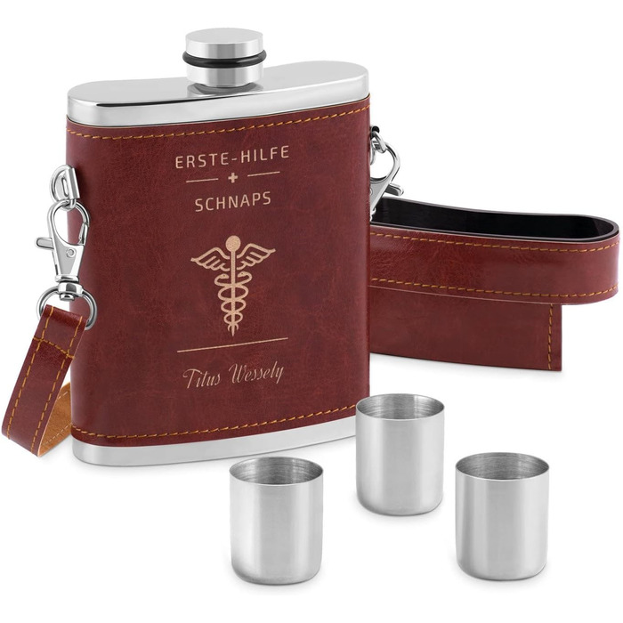 Термос Maverton з гравіюванням, 250 мл, з нержавіючої сталі, 3x10 мл піпетки, шкіряне етикетування з ремінцем, подарунок на день народження та інше, срібно-коричневий, для надання першої допомоги