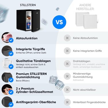 Міні-холодильник Stillstern E 45L з автоматичною відтавкою, замком, морозильною камерою, тихий, для кухні, офісу, спальні, готелів та маленьких квартир. Холодильник, міні-бар, R600A, чорний
