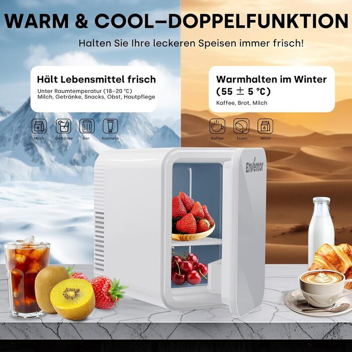 Mini холодильник Enventor 10L з двома режимами (охолодження/нагрівання), 12V/220V, для авто, кімнати, офісу, косметики, тихий