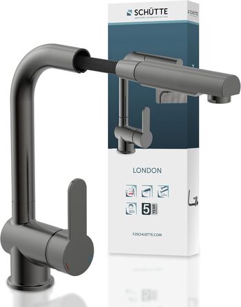 Кухонний змішувач SCHÜTTE LONDON з висувною лійкою, поворотний на 360°, з одним важелем, для кухні, високий тиск, графіт, 29,8 см