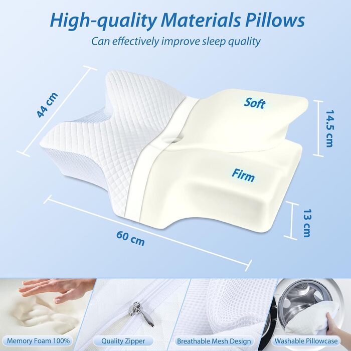 HOMCA Orthopedic Pillow, Neck Pillow, Memory Foam Pillow, Ergonomic Pillow with Soft/Firm Options Available, Removable, for Back, Side, and Stomach Sleepers, 60 * 44 * 13/14.5cm