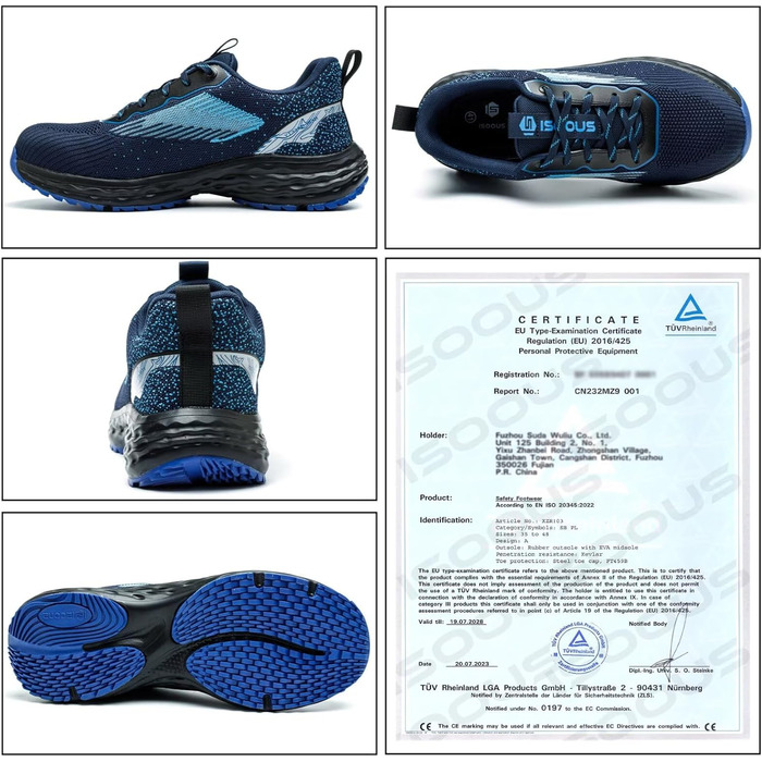 Черевики безпеки ISOOUS для чоловіків та жінок. Легкі, дихаючі, з металевим капаком, антиковзаючі, зручні. Розмір 43 EU, блакитні.