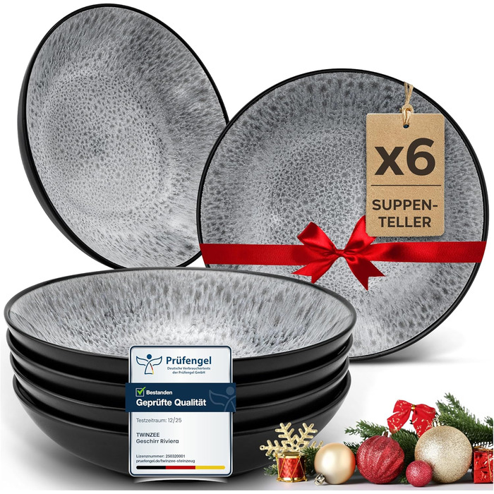 Набір посуду Twinzee Steingut 24 елементи для 6 осіб: тарілки та миски - серія Riviera (Perla, глибокі тарілки (x6))