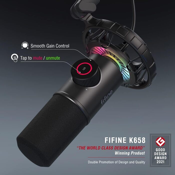 Мікрофон FIFINE K658 Black - USB мікрофон для ПК, PS4, PS5, MAC з RGB підсвічуванням, динамічний, 16 біт/48 кГц, 3.5 мм роз'єм для навушників, Plug-and-Play, з амортизатором