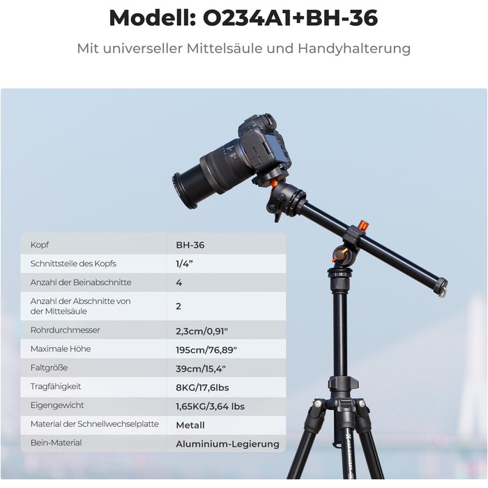 Штатив K&F Concept O234A1: компактний, легкий, для камери та смартфона, 163 см, алюміній
