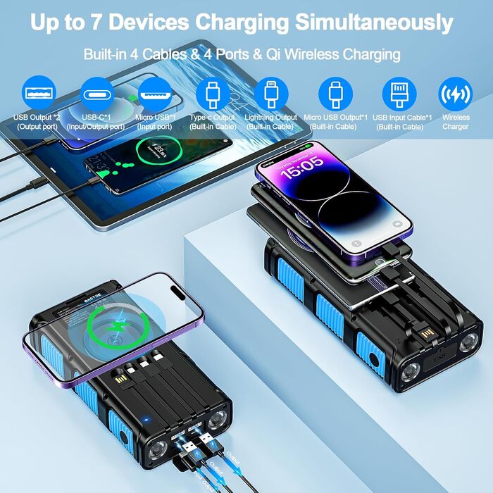 Сонячний Power Bank 26800 mAh з ручкою та 4 кабелями, USB-C, 7 виходів, 4 входи, для телефону, Outdoor, водонепроникний, зовнішній акумулятор для кемпінгу (Синій)