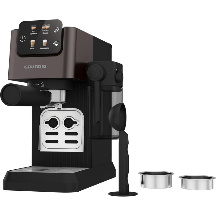 GRUNDIG KSM 5330 Espresso Machine with Integrated Milk Container, 1628 W Power, 15 bar Pump Pressure, Dual Nozzle, Color Touch Display, BrewSense, CreamyPro, Dark Inox/Black. With Milk Container