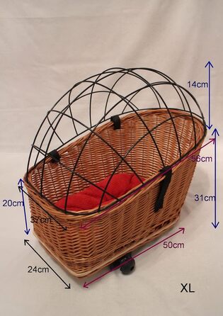 Корзина для велосипеда для перевезення багажу з лози з металевою сіткою та подушкою, чорна XL або XXL. Підходить для собак та інших тварин. Розміри XXL: 60 x 40 x 50 см (без подушки).