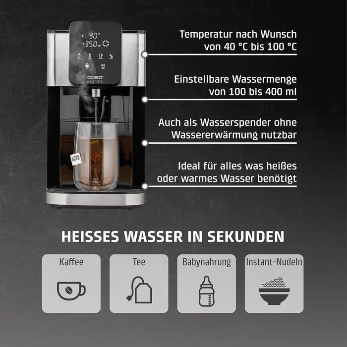 CASE HW 1660 - Turbo Hot Water Dispenser, hot water in seconds (40-100°C), 2600 Watts, extra-large 4-liter water tank, direct selection button for baby food (37°C), energy-saving