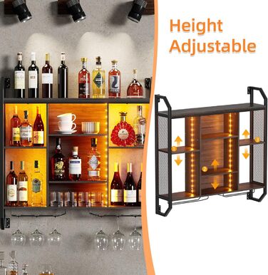 Настінна вітрина для вина з LED-підсвіткою 90x90 см з металу та MDF. Полиці для вин з тримачами для келихів. Регульована полиця для бару, винного підвалу, кухні.