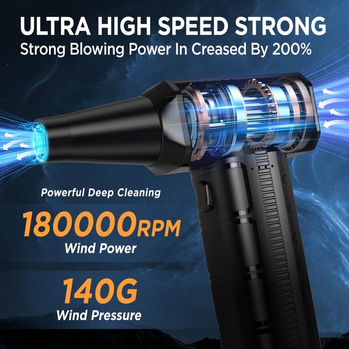 Електричний пилосос для пилу бездротовий, 180 000 об/хв, 7500 mAh, 3 швидкості, для комп'ютера та авто