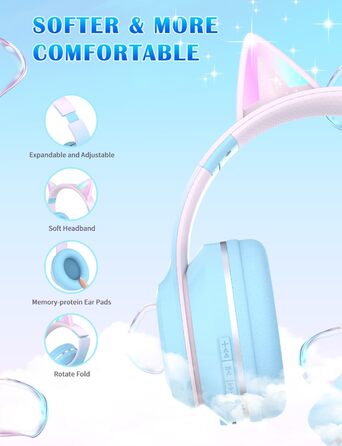 Бездротові навушники Bluetooth для дітей з LED-підсвіткою, котячими вушками та мікрофоном, HD Stereo, складна конструкція, регульоване наголов'я, для дівчаток (блакитні)