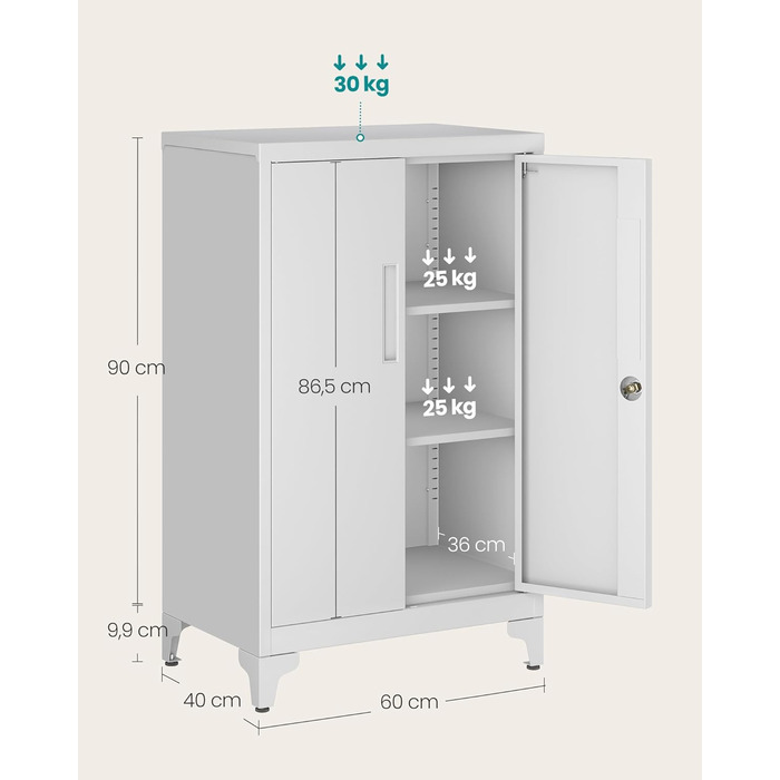 SONGMICS File Cabinet, Multi-Purpose Cabinet, Office Cabinet with 2 Doors, Lockable Cabinet, Steel Storage Cabinet, for Study Room, Living Room, Matte White OMC012W01 (60B cm, Matte Grey)