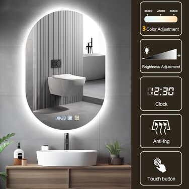 Дзеркало для ванної кімнати Viugreum з підсвічуванням 50x75 см, овальне LED дзеркало з регулюванням яскравості, 3 кольори світла, протитуманне покриття, годинник, сенсорне управління