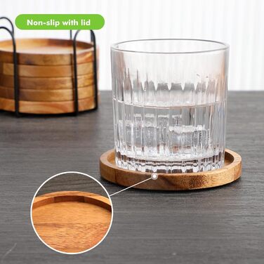 Acacia wood coasters with holder, wooden coaster set for glasses (6-piece), coasters for drinks, bar, cups, glass
