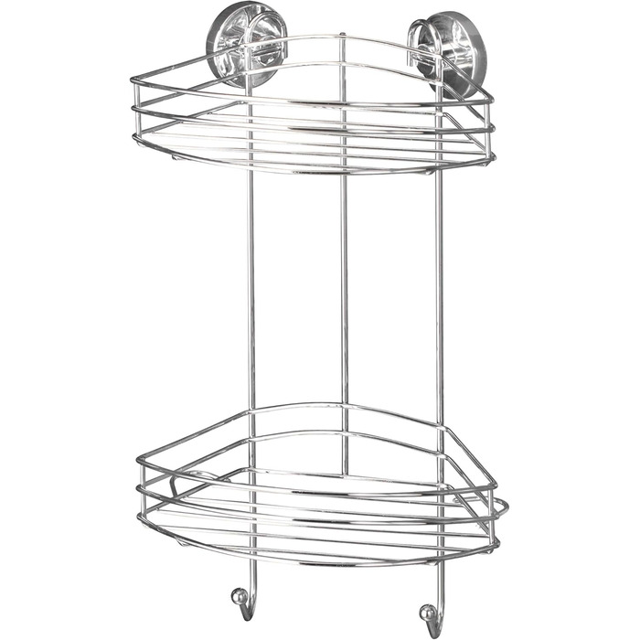 WENKO Vacuum-Loc Corner Shelf 2 Tiers Chrome, Shower Shelf with 2 Levels and 2 Hooks, Drill-Free Attachment with Vacuum, Chrome-Plated Metal, 24.5 x 41 x 16 cm