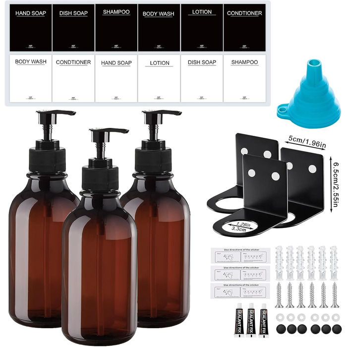 RISAKOGO Soap Dispenser Wall Mount No Drilling, 3-Piece Set 500ml Soap Dispenser Wall Brown Shampoo Dispenser Shower Dish Soap Dispenser Shampoo Dispenser for Kitchen Bathroom
