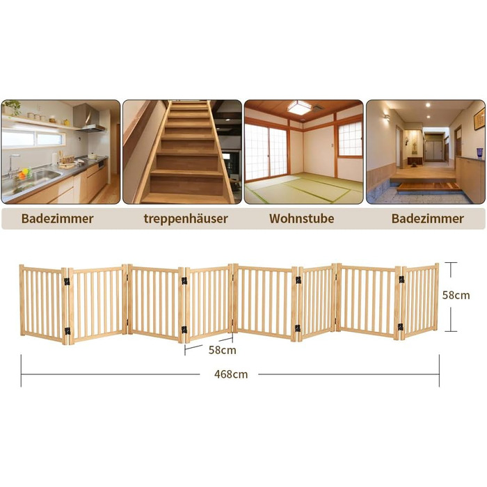 Двері для собак з дерева, розкладні, для кухні, коридору, вітальні, на сходи, кутова установка, підходять для собак малих та середніх порід, дерев'яного кольору, 2P 58см, загородження для собак (858)