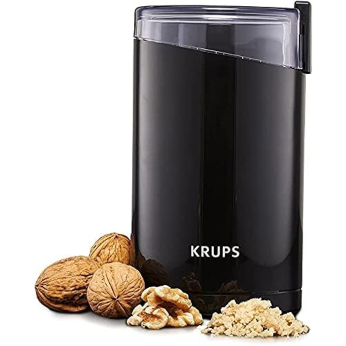 Електрична кавомолка Krups для кави, горіхів, спецій та зерна, з нержавіючою сталлю, 75г, 200Вт, чорна