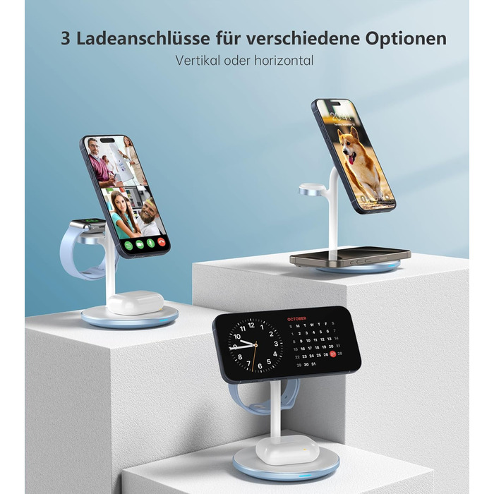 3-в-1 Індукційна зарядка для декількох пристроїв: iPhone 15/14, iWatch, AirPods, білий (блакитний)