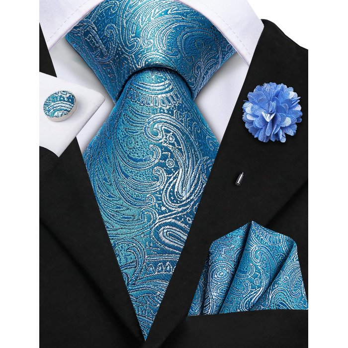 Набір краваток, нагрудних хустинок та запонок Hi-Tie: шовкова краватка для весілля та ділових зустрічей (Pfauenblau A)