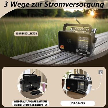 Портативна радіоприймач Klein з сонячною панеллю та акумулятором 1200mAh, AM/FM/SW, 8W динамік, TWS/USB/TF, для кемпінгу, надзвичайних ситуацій та відпочинку на природі (сірий)