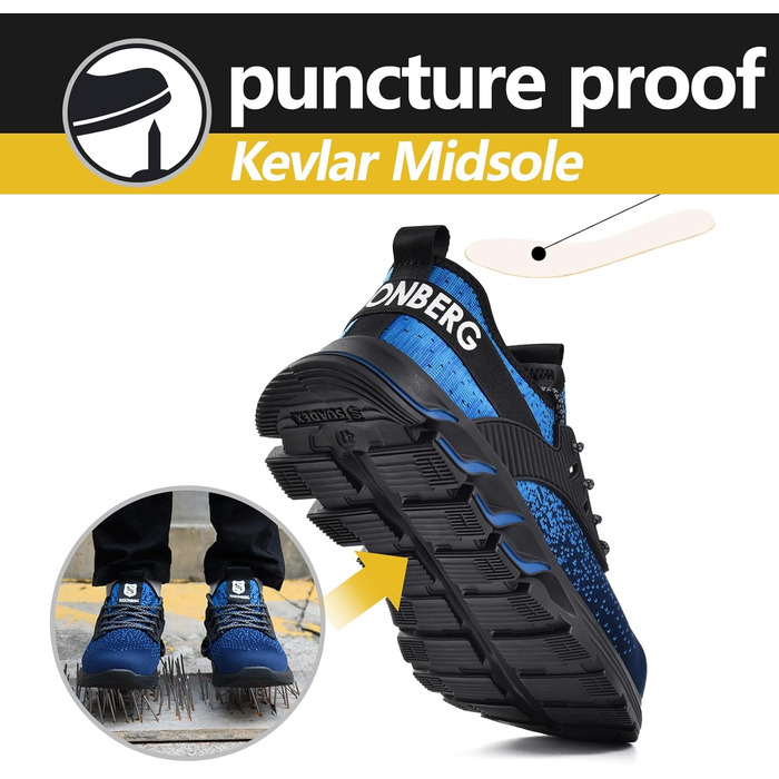 Робочі черевики з металевим носком для чоловіків та жінок. Легкі, дихаючі, розміри 37-48 EU, колір: синій