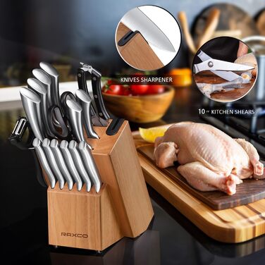 Набір кухонних ножів RAXCO, 18 предметів: кухонні ножі, стекові ножі, шліфувальник, з бруском
