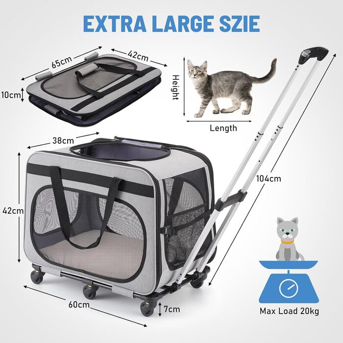 Транспортна переноска для котів та собак великих порід (до 20 кг), сіра. З колесами, складається.
